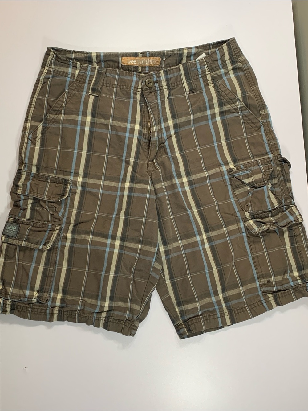 Lee Dungarees Plaid Cargo Shorts 30 Brown Y2K Skater Baggy Grunge